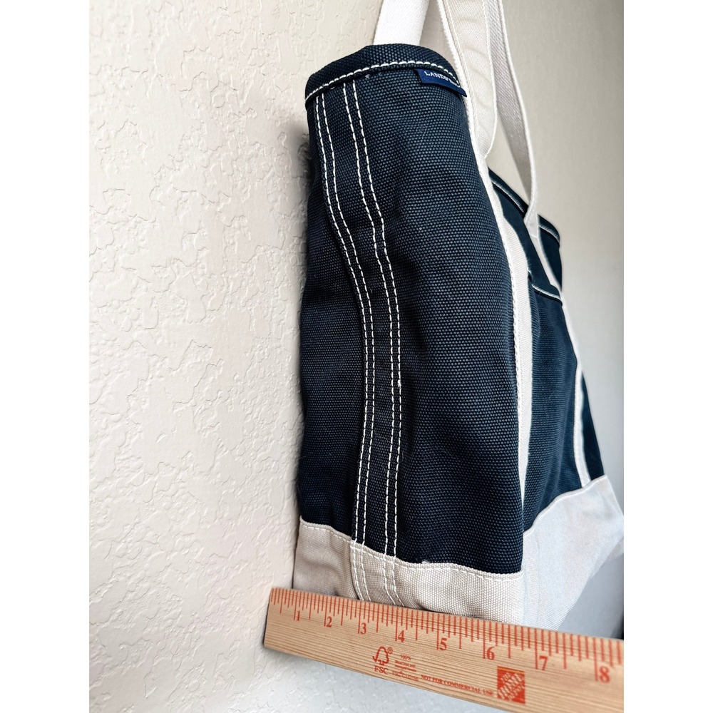 Lands' End Zip Top Boat Tote Canvas Black Natural Large Travel Work Beach Bag - Picture 8 of 15